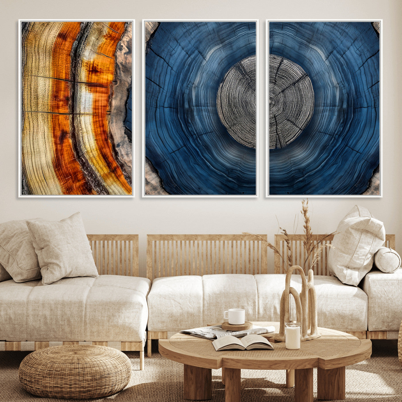 84489410-MGV-FC-60X30-3P_White-Framed Abstract Tree Ring Wall Art Print, Natural Rustic Wood Texture Canvas Print, Wood Tree Stump Farmhouse, Log Cabin Wooden