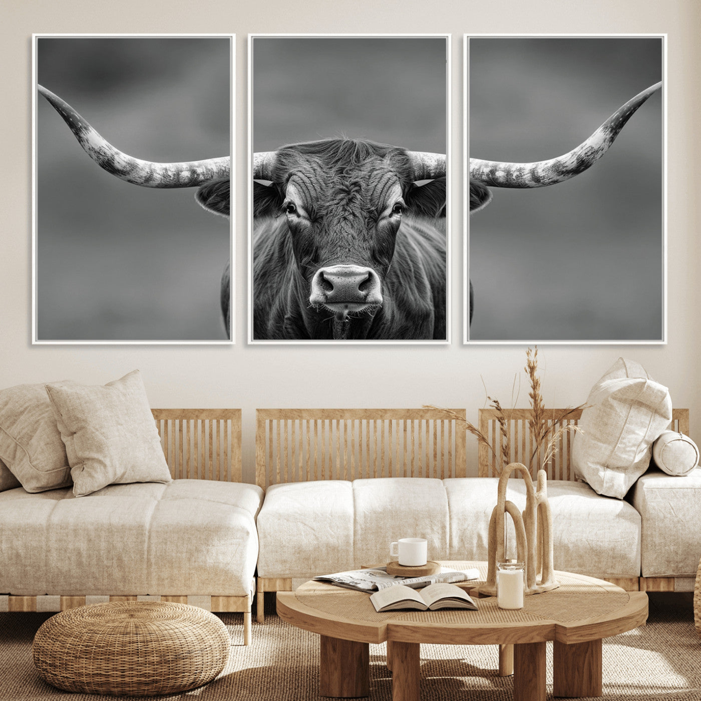 81228550-MGV-CV-36X24-Framed Texas Longhorn Bull Art Canvas Print, Western Bull Wall Art Print, Long Horn Bull Photo Print for Log Cabin, Large Bull