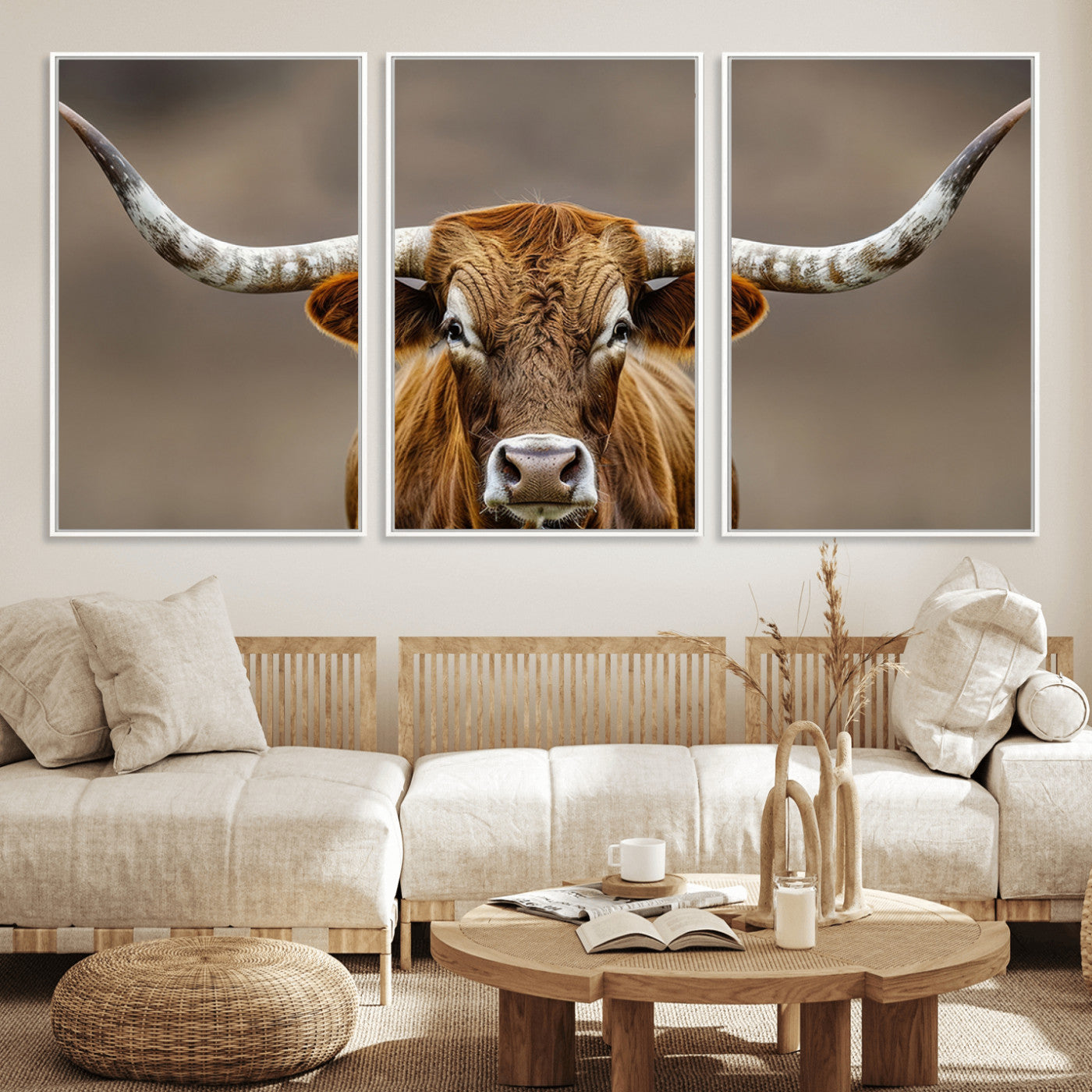 12179171-MGV-CV-36X24-Texas Longhorn Wall Art Canvas Print, Framed Brown Bull Art Picture Print, Lone Cattle Perfect Rustic Western Decor Artwork