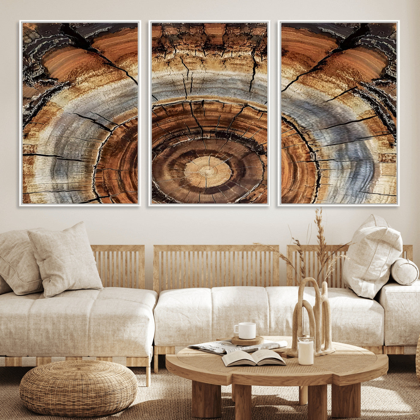 15184146-MGV-FC-60X30-3P_White-Tree Rings Wall Art Canvas Print, Framed Wood Texture Art Picture Print, Rustic Pattern Perfect Rustic Organic Decor Artwork