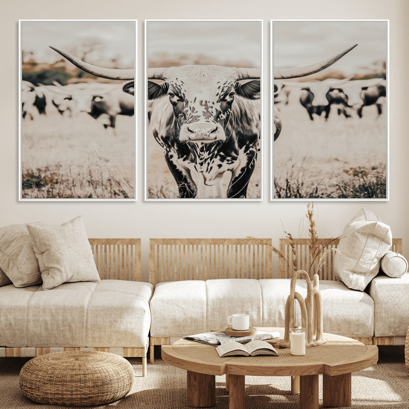 27497342-MGV-CV-36X24-Texas Longhorn Wall Art Canvas Print, Framed Speckled Cow Art Picture Print, Horned Cattle Perfect Rustic Western Decor Artwork