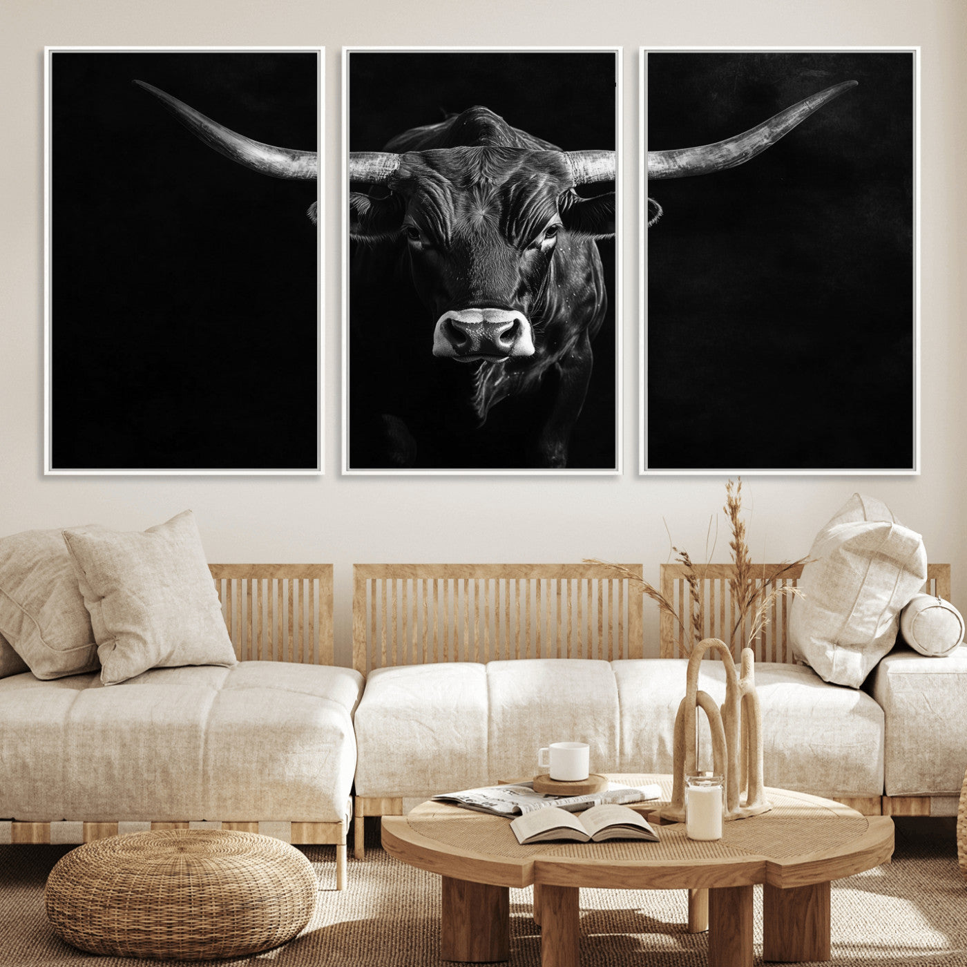 42077175-MGV-FC-60X30-3P_White-Texas Longhorn Wall Art Canvas Print, Framed Monochrome Bull Art Picture Print, Horned Bull Perfect Rustic Western Decor Artwork