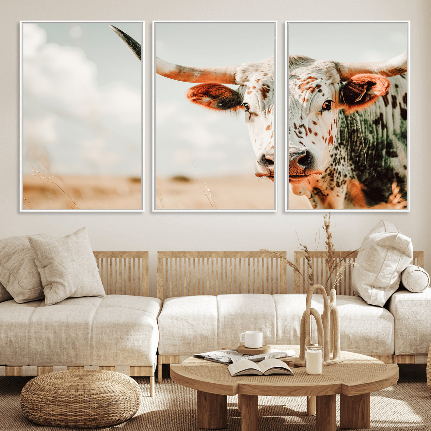 72766375-MGV-FC-60X30-3P_White-Texas Longhorn Wall Art Canvas Print, Framed Spotted Cow Art Picture Print, Horned Cattle Perfect Rustic Western Decor Artwork