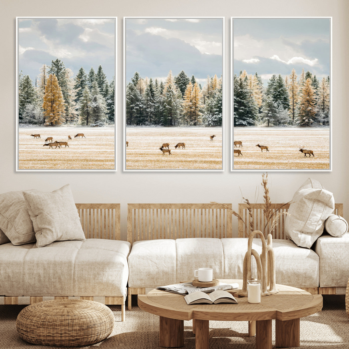 64188182-MGV-FC-60X30-3P_White-Elk Herd Wall Art Canvas Print, Framed Snowy Forest Art Picture Print, Forest Elks Perfect Neutral Rustic Decor Artwork