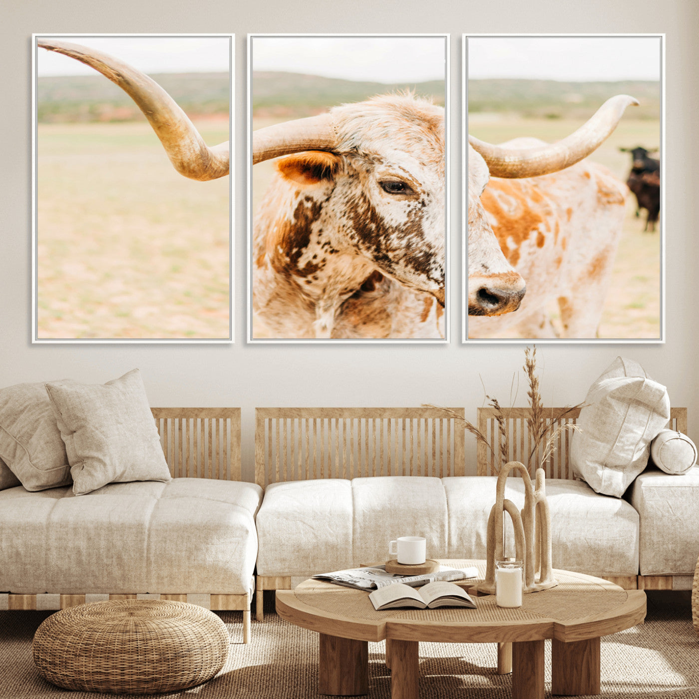 21060648-MGV-FC-60X30-3P_White-Texas Longhorn Wall Art Canvas Print, Framed Speckled Cow Art Picture Print, Rustic Bull Perfect Rustic Western Decor Artwork