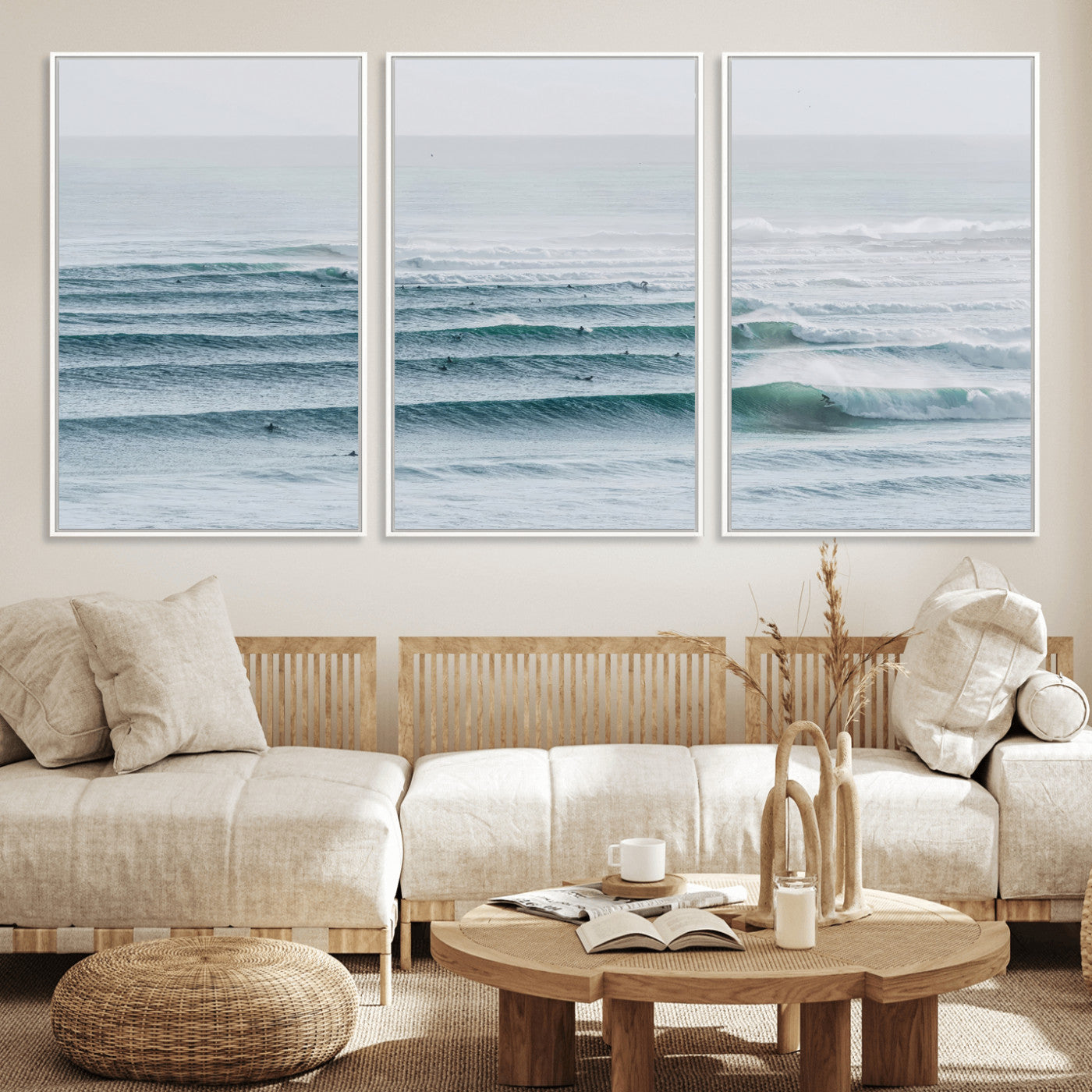 73969318-MGV-CV-36X24-Ocean Waves Wall Art Canvas Print, Framed Surfer Lineup Art Picture Print, Crowded Ocean Perfect Minimal Coastal Decor Artwork