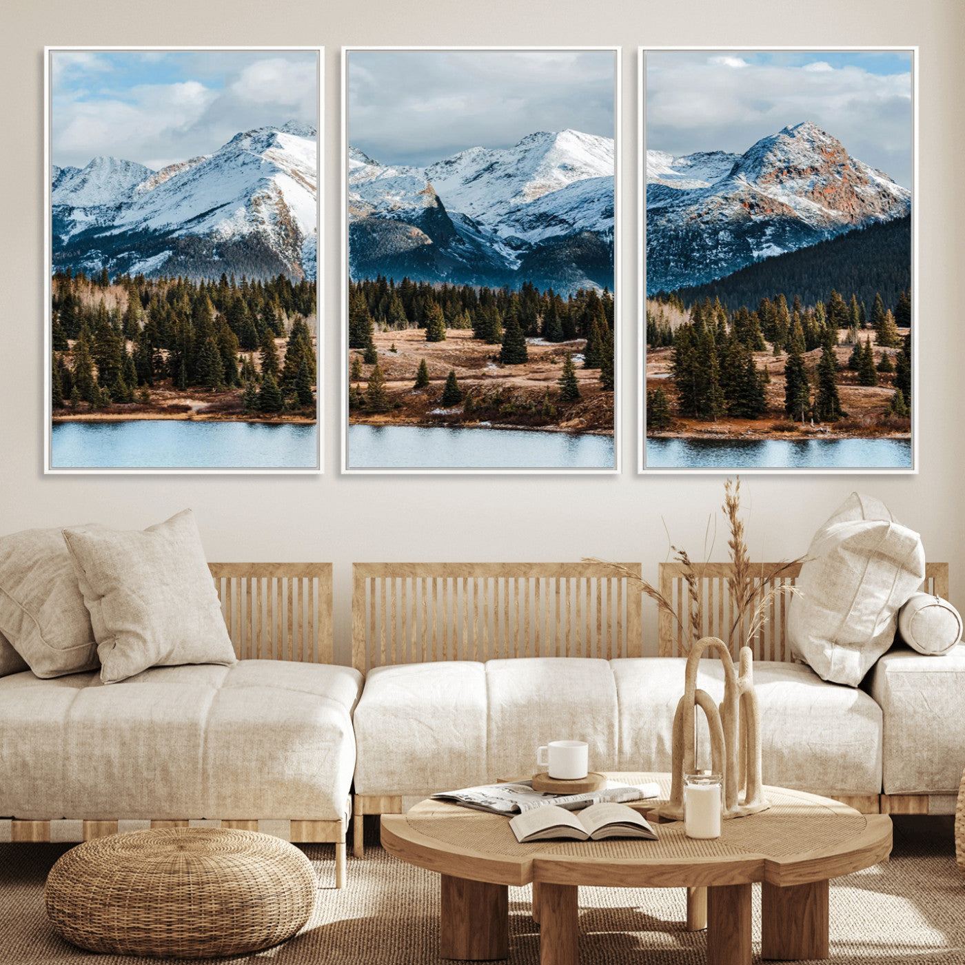 36247746-MGV-CV-36X24-Snowy Peaks Wall Art Canvas Print, Framed Alpine Lake Art Picture Print, Pine Forest Perfect Alpine Wilderness Decor Artwork