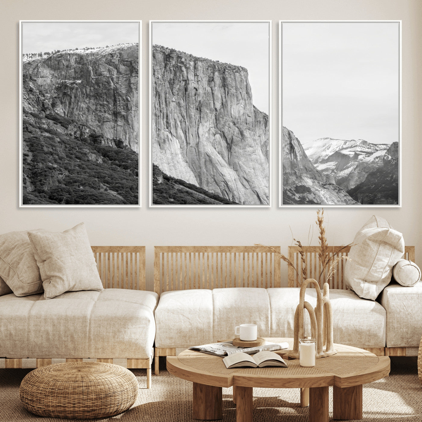 39393420-MGV-FC-60X30-3P_White-El Capitan Wall Art Canvas Print, Framed Yosemite Cliff Art Picture Print, Monochrome Mountain Perfect Monochrome Sierra Decor