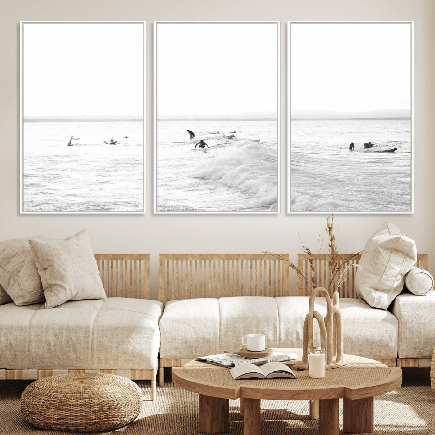33449548-MGV-FC-60X30-3P_White-Group Surfers Wall Art Canvas Print, Framed Ocean Wave Art Picture Print, Surf Crowd Perfect Monochrome Surf Decor Artwork