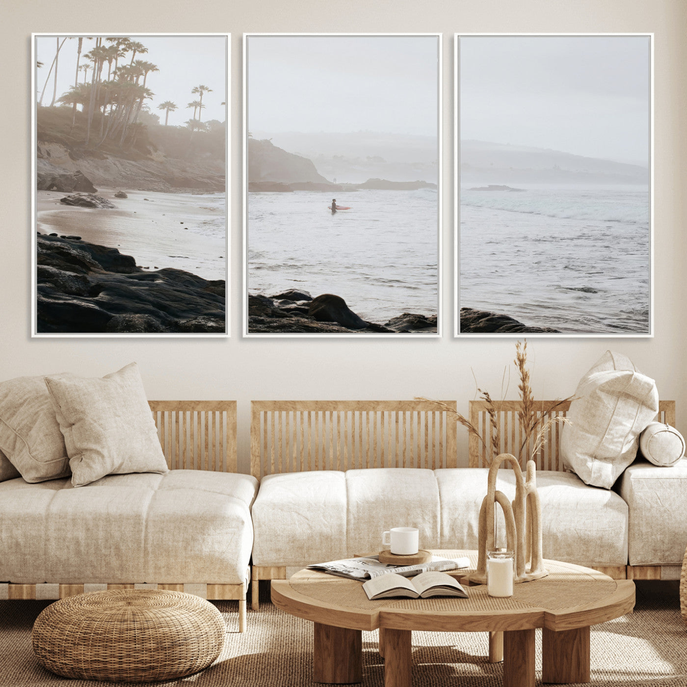 62501405-MGV-FC-60X30-3P_White-Misty Beach Wall Art Canvas Print, Framed California Surfer Art Picture Print, Coastal Cliff Perfect Coastal Beach Decor Artwork