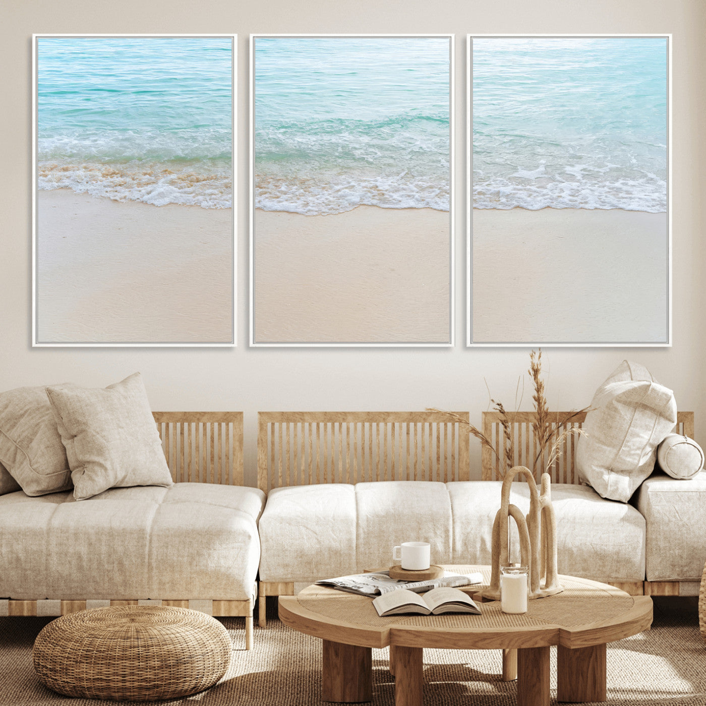 77194056-MGV-FC-60X30-3P_White-Soft Shoreline Wall Art Canvas Print, Framed Gentle Waves Art Picture Print, Clear Water Perfect Minimalist Coastal Decor Artwork