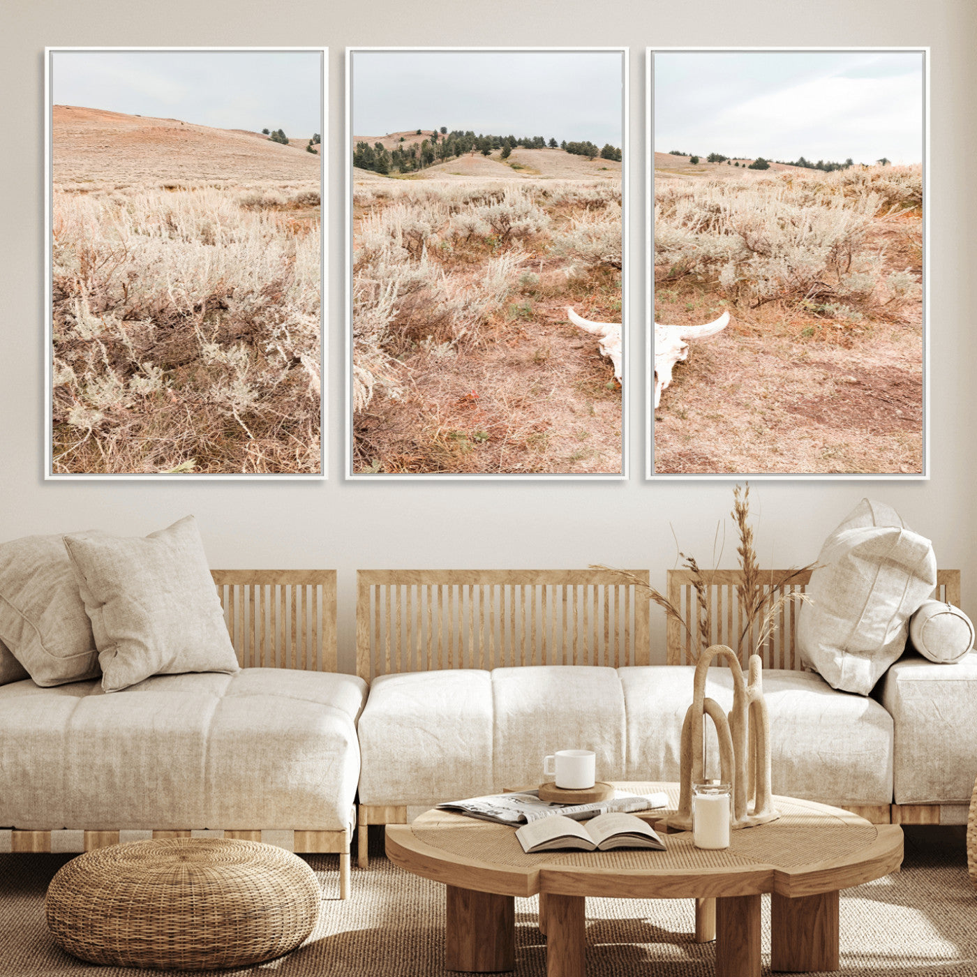 97234735-MGV-CV-36X24-Rustic Bones Wall Art Canvas Print, Framed Desert Sage Art Picture Print, Prairie Skull Perfect Minimal Rustic Decor Artwork