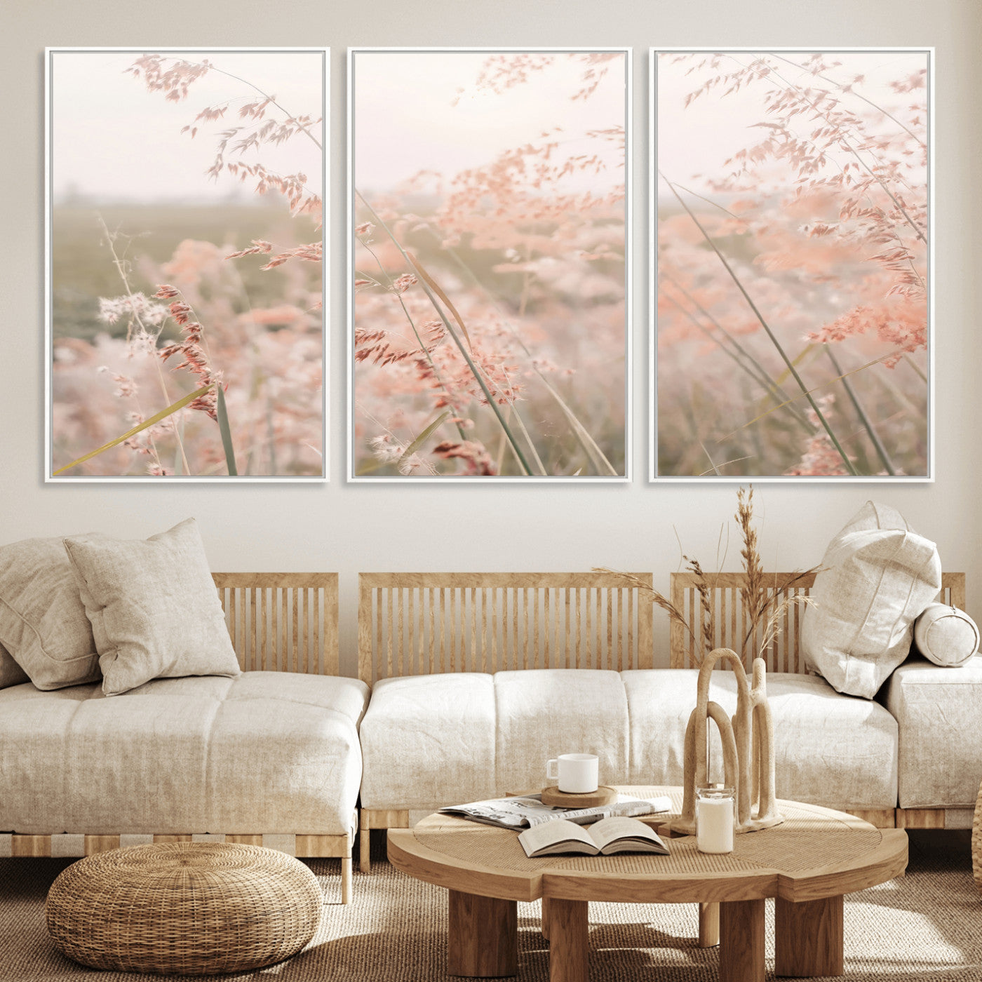 79164340-MGV-CV-36X24-Pastel Grasses Wall Art Canvas Print, Framed Soft Meadow Art Picture Print, Field in Breeze Perfect Pastel Minimal Decor Artwork