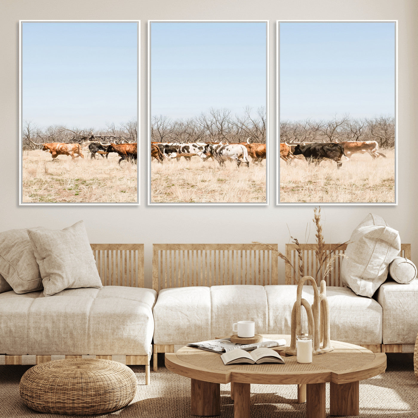 16563092-MGV-CV-36X24-Texas Longhorns Wall Art Canvas Print, Framed Western Cattles Art Picture Print, Rustic Herd Perfect Rustic Farmhouse Decor