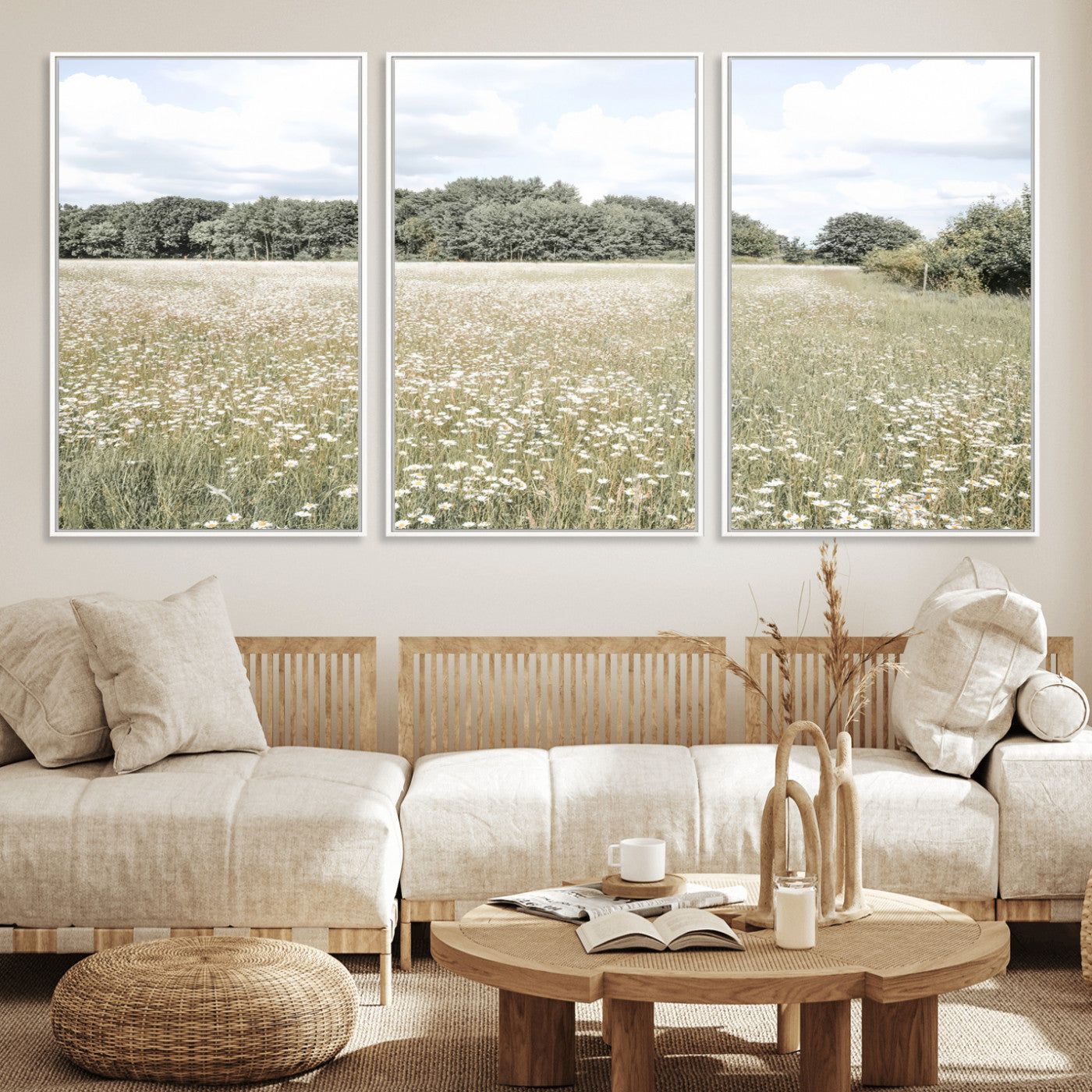 43258946-MGV-CV-36X24-Daisy Field Wall Art Canvas Print, Framed Pastel Flower Art Picture Print, Meadow Bloom Perfect Scandinavian Minimalist Decor