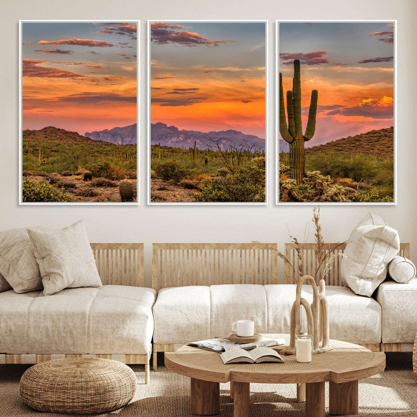 25332783-MGV-FC-60X30-3P_White-Saguaro Cactus Wall Art Canvas Print, Framed Arizona Sunset Art Picture Print, Sonoran Desert Perfect Southwestern Boho Decor