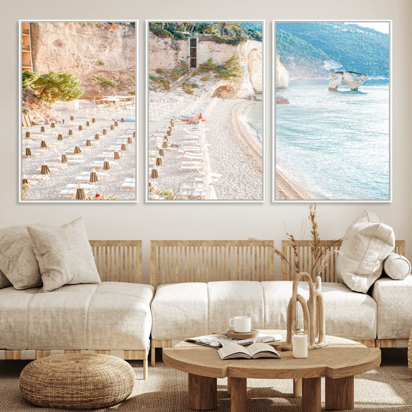 84816639-MGV-FC-60X30-3P_White-Mediterranean Beach Wall Art Canvas Print, Framed Airy Coastal Art Picture Print, Summer Shore Perfect Coastal Retreat Decor