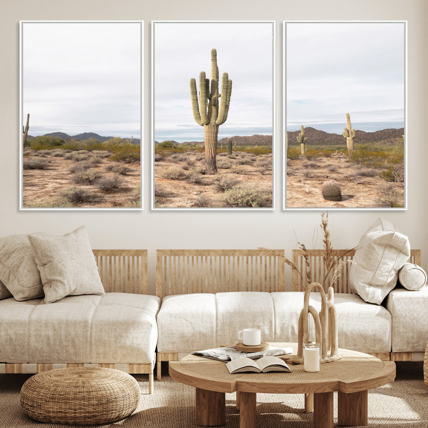 96147924-MGV-FC-60X30-3P_White-Saguaro Cactus Wall Art Canvas Print, Framed Desert Cactus Art Picture Print, Earthy Desert Perfect Southwestern Boho Decor