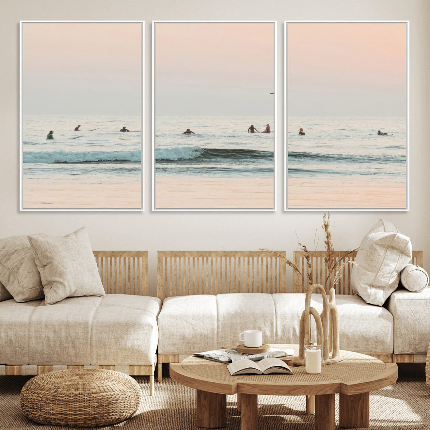 98888919-MGV-CV-36X24-Pastel Ocean Wall Art Canvas Print, Framed Soft Sunset Swimming Art Picture Print, Calm Sea Horizon Perfect Soft Coastal