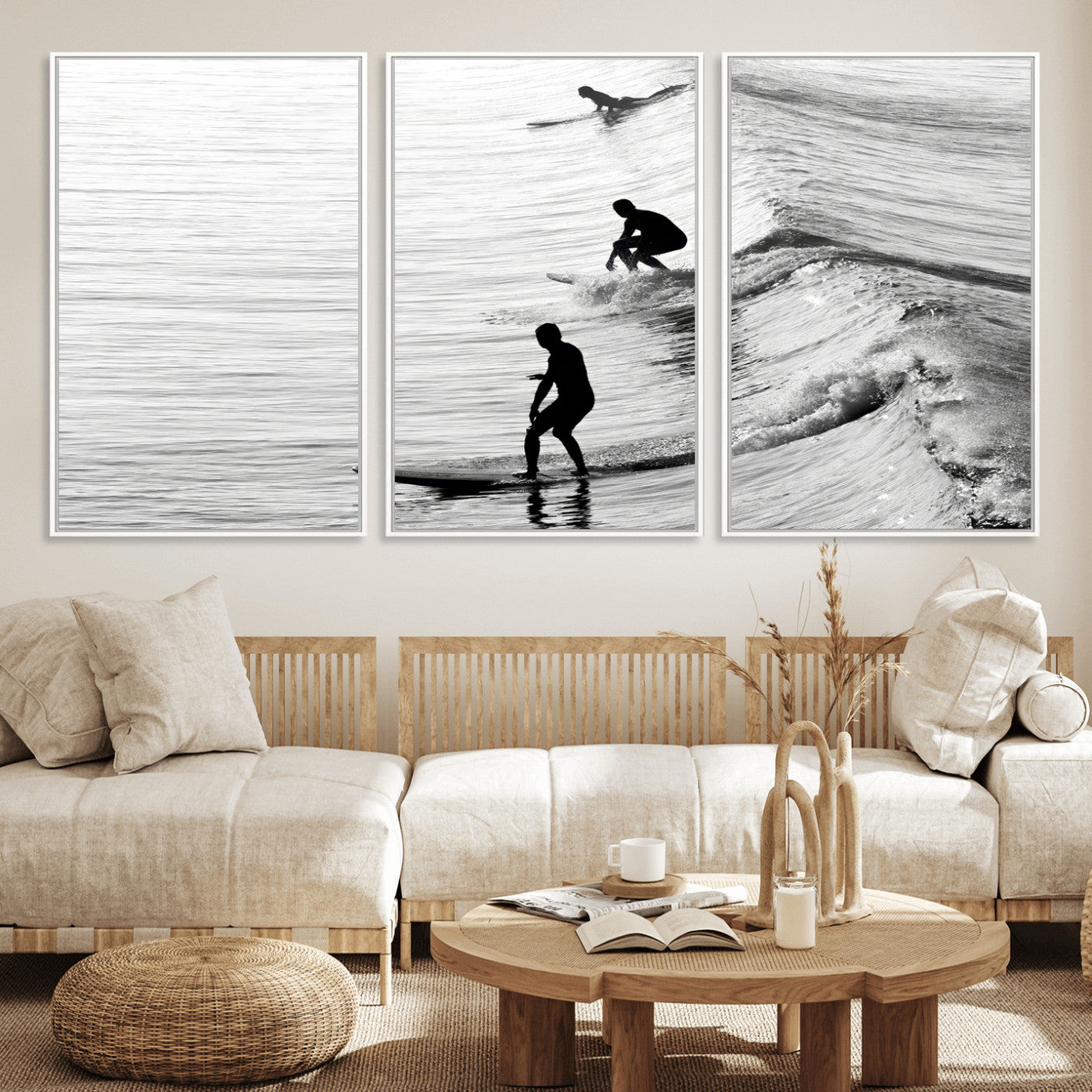 19875284-MGV-CV-36X24-Surfer Waves Wall Art Canvas Print, Framed Black White Surf Art Picture Print, Monochrome Ocean Perfect Modern Coastal Decor
