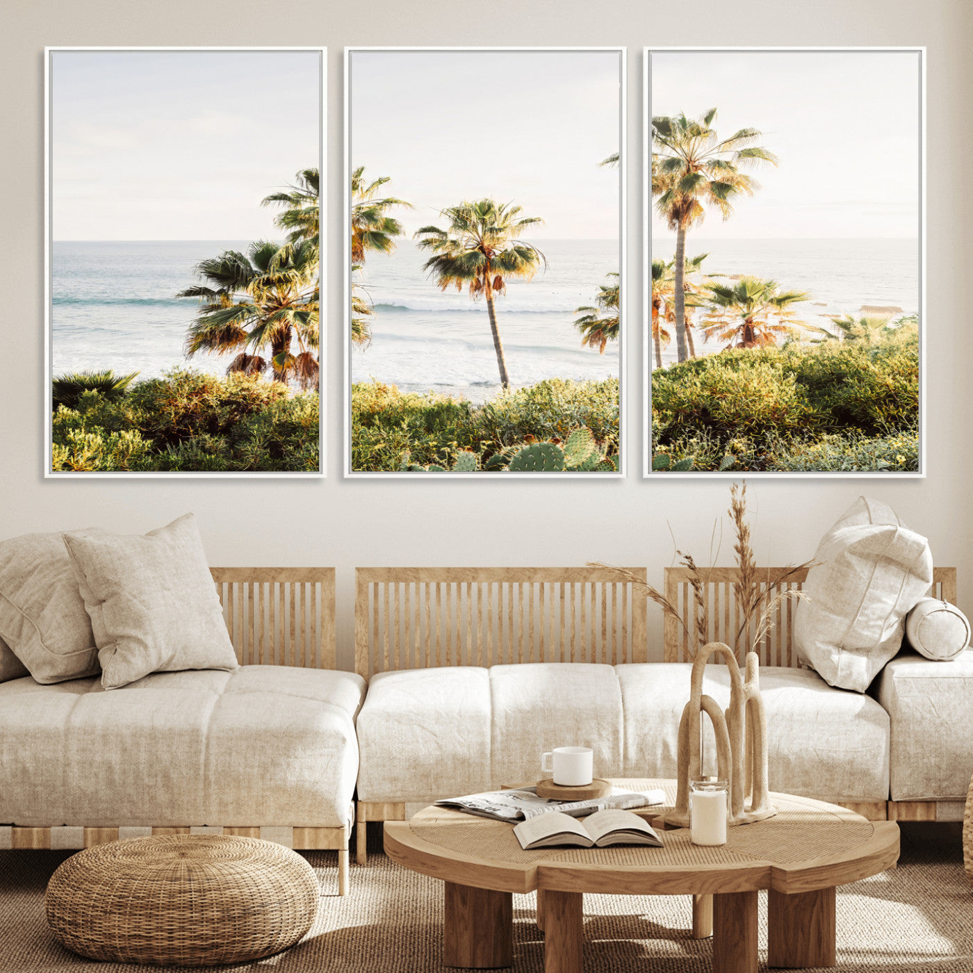 94707294-MGV-FC-60X30-3P_White-California Coast Wall Art Canvas Print, Framed Palm Trees Art Picture Print, Coastal Landscape Perfect Coastal Minimalist Decor