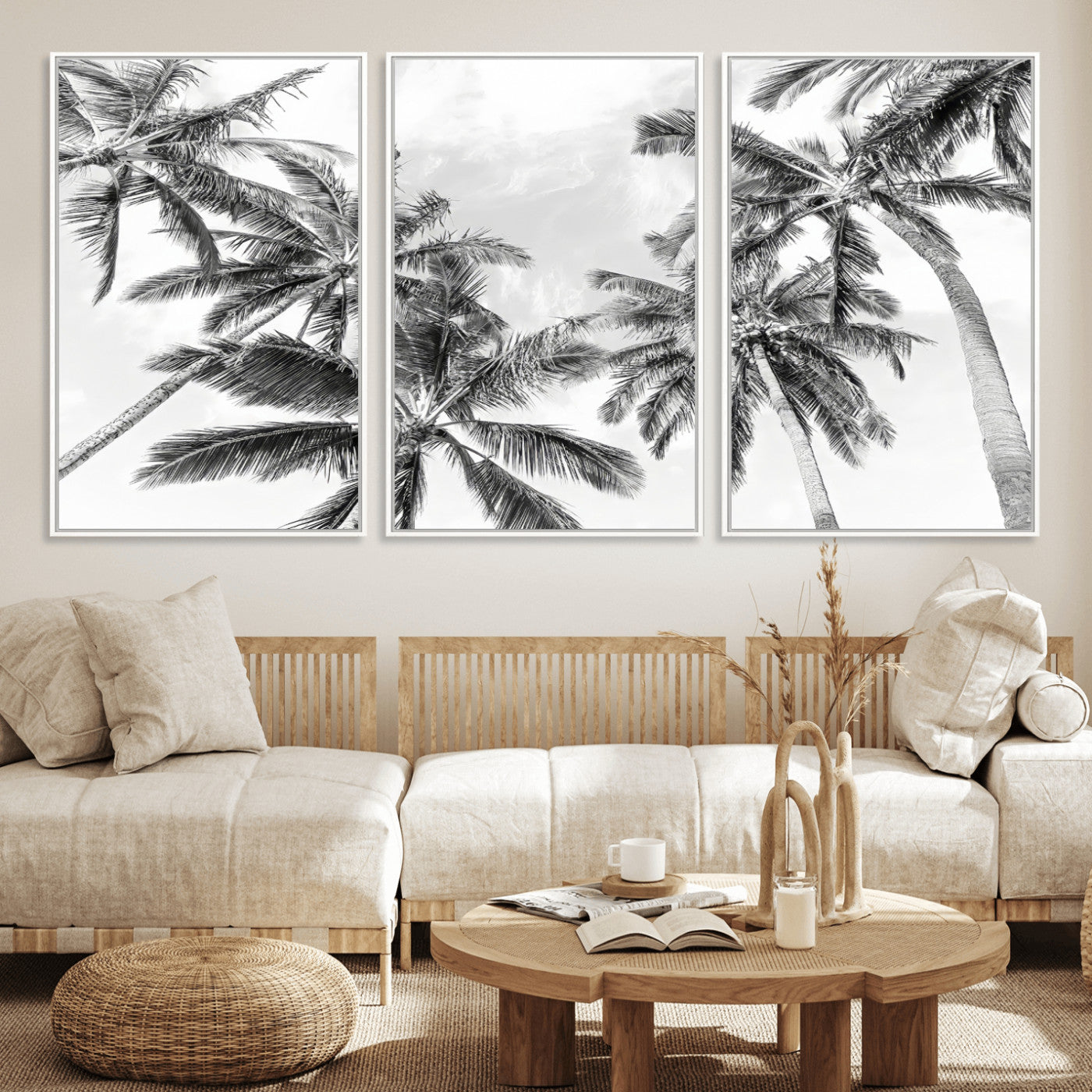 62113786-MGV-CV-36X24-Black White Palm Wall Art Canvas Print, Framed Monochrome Tropics Art Picture Print, Minimalist Beach Perfect Coastal Minimalist