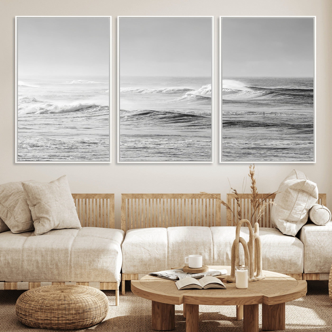 98634812-MGV-FC-60X30-3P_White-Black and White Ocean Waves Wall Art – Minimalist Sea Canvas Print, Coastal Photography Decor for Living Room, Bedroom or Office