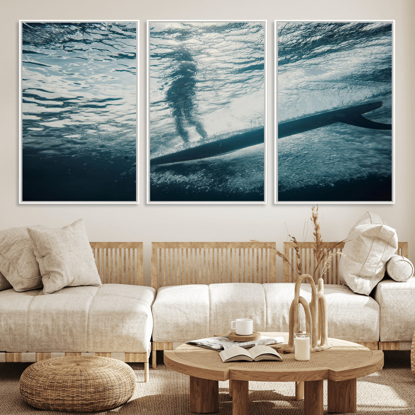 71192524-MGV-FC-60X30-3P_White-Submerged Surf Wall Art Canvas Print, Framed Underwater Perspective Art Picture Print, Ocean Surf Perfect Coastal Adventure Decor