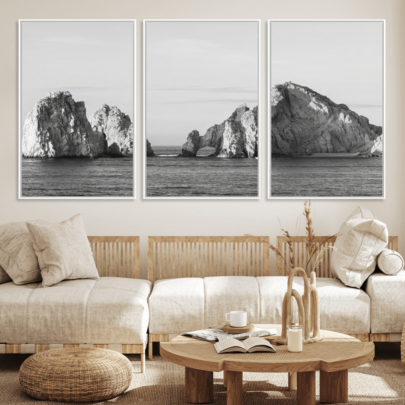 18810731-MGV-FC-60X30-3P_White-Rugged Coastline Wall Art Canvas Print, Framed Ocean Cliffs Art Picture Print, Monochrome Seascape Perfect Coastal Minimalist