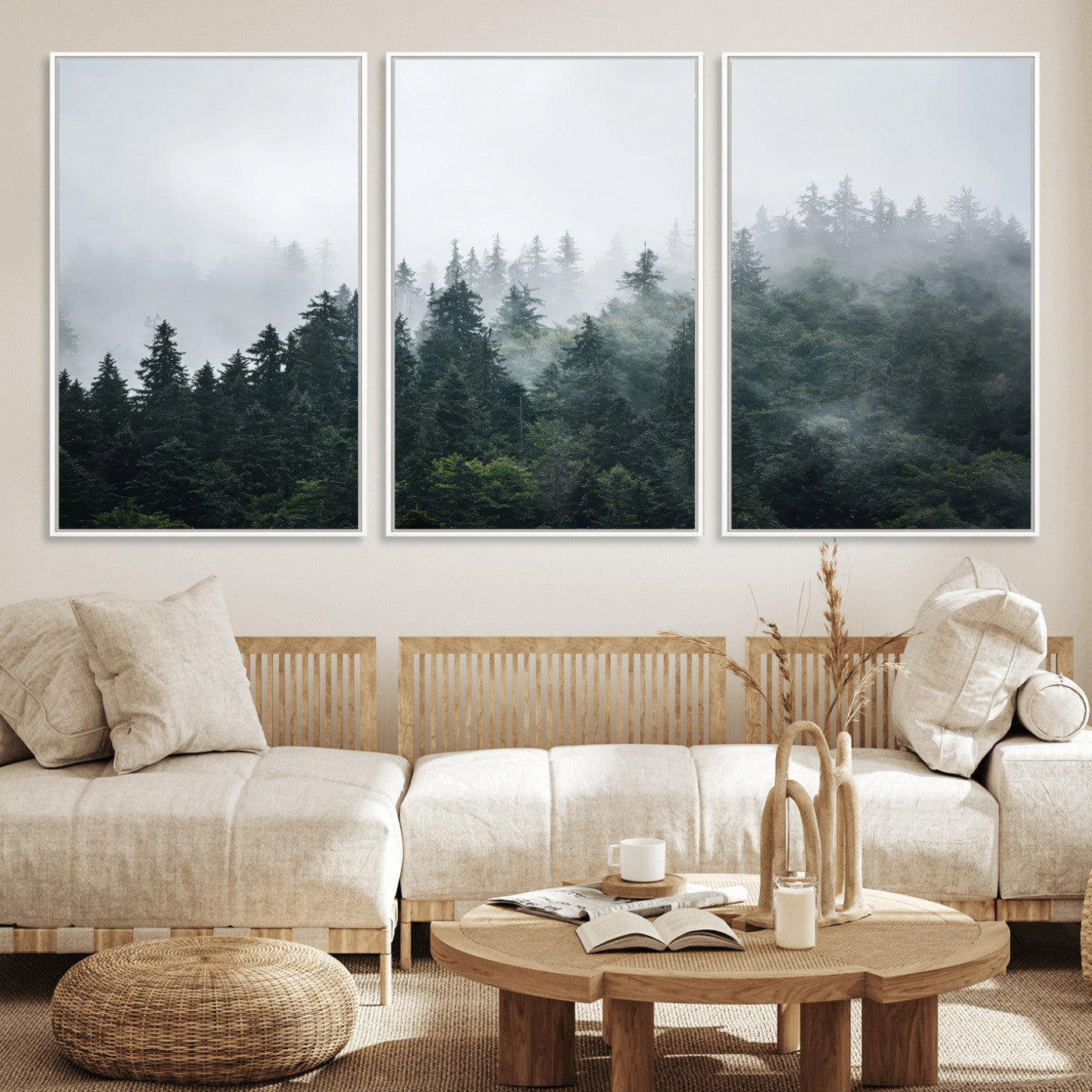 84146572-MGV-FC-60X30-3P_White-Foggy Pine Trees Wall Art Canvas Print, Framed Forest Nature Art Picture Print, Evergreen Forest Perfect Scandinavian Minimalist