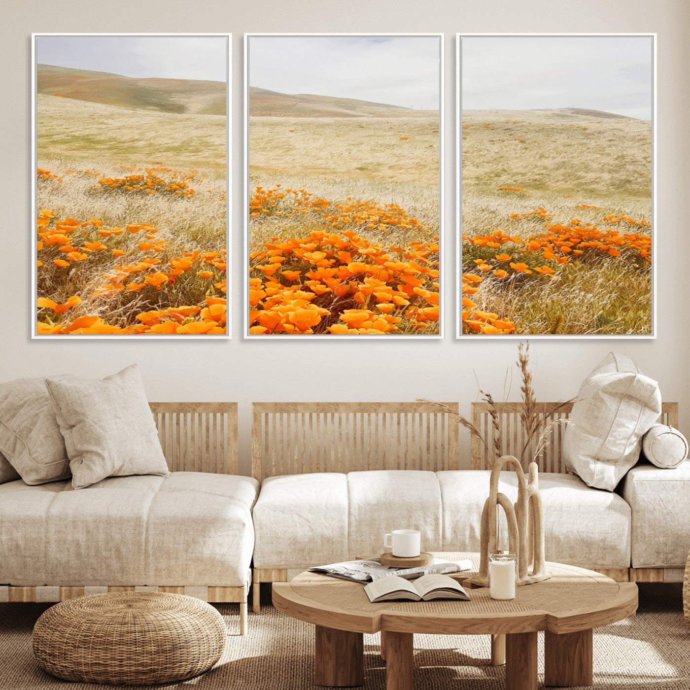 28972262-MGV-FC-60X30-3P_White-Golden Wildflowers Wall Art Canvas Print, Framed Hills Bloom Art Picture Print, Poppy Meadow Perfect Rustic Nature Decor Artwork