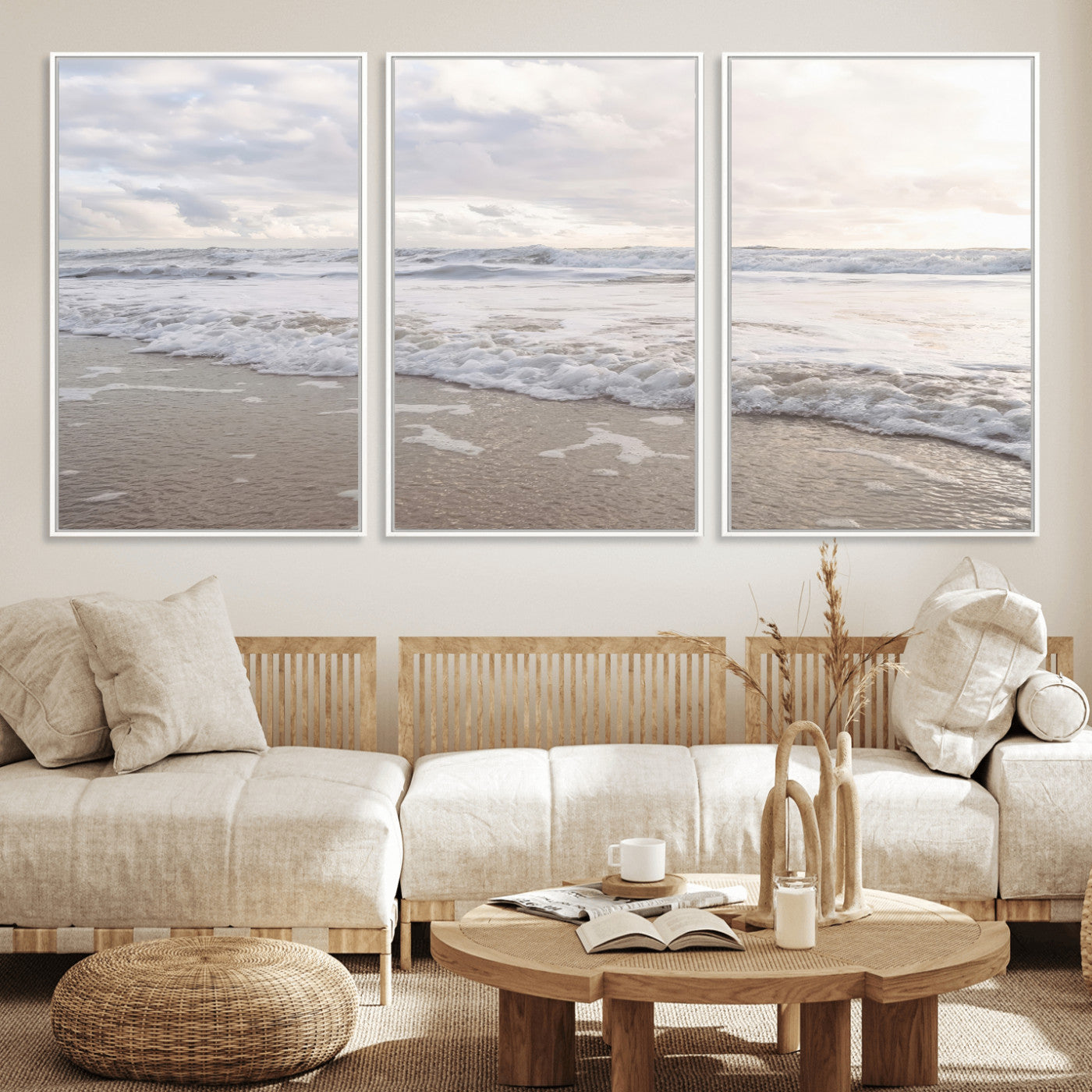 70596264-MGV-FC-60X30-3P_White-Ocean Waves Wall Art Canvas Print, Framed Coastal Shoreline Art Picture Print, Sea Foam Perfect Coastal Minimalist Decor Artwork