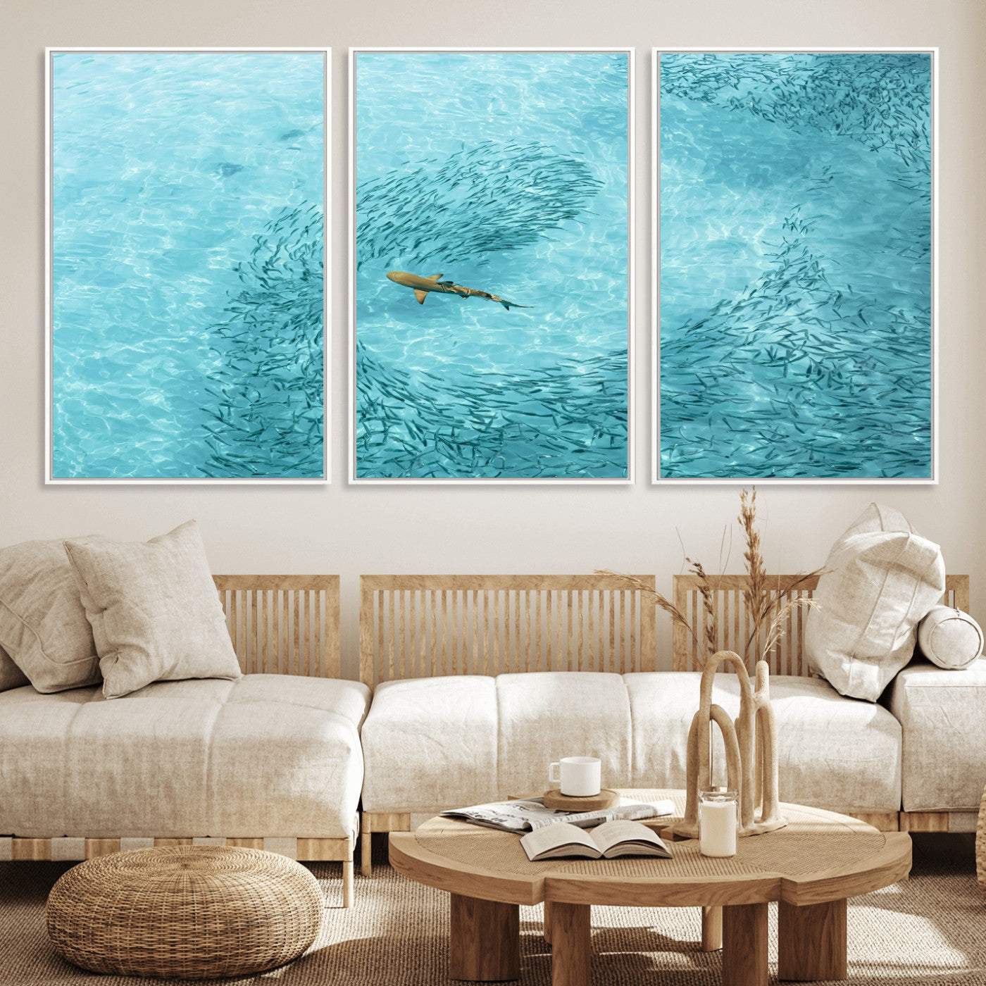 43671474-MGV-CV-36X24-Fish Swarm Wall Art Canvas Print, Framed Marine Life Art Picture Print, Shark Aerial Perfect Wildlife Coastal Decor Artwork