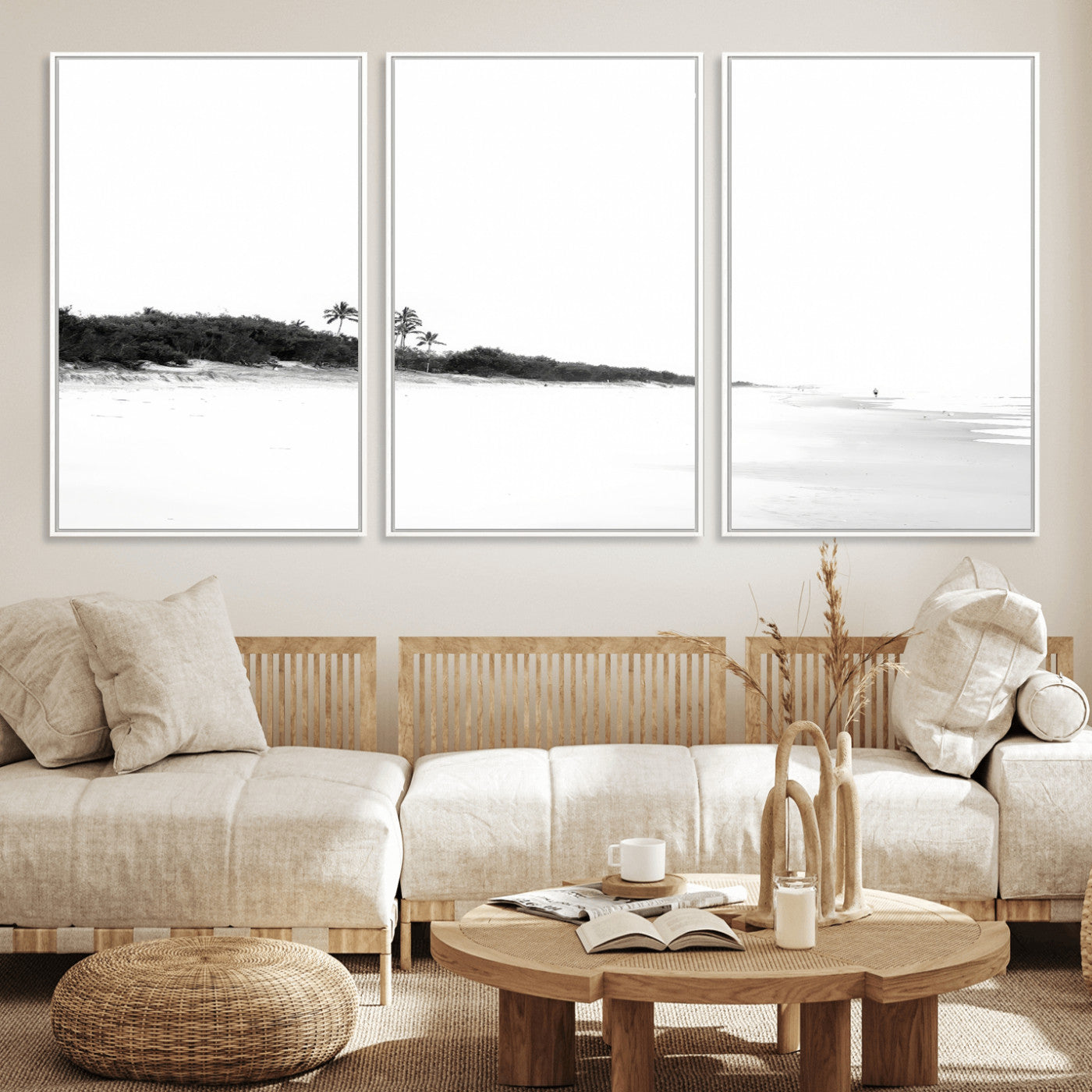 29611516-MGV-FC-60X30-3P_White-Black White Beach Wall Art Canvas Print, Framed Palm Trees Art Picture Print, Monochrome Tropical Perfect Minimalist Coastal Decor