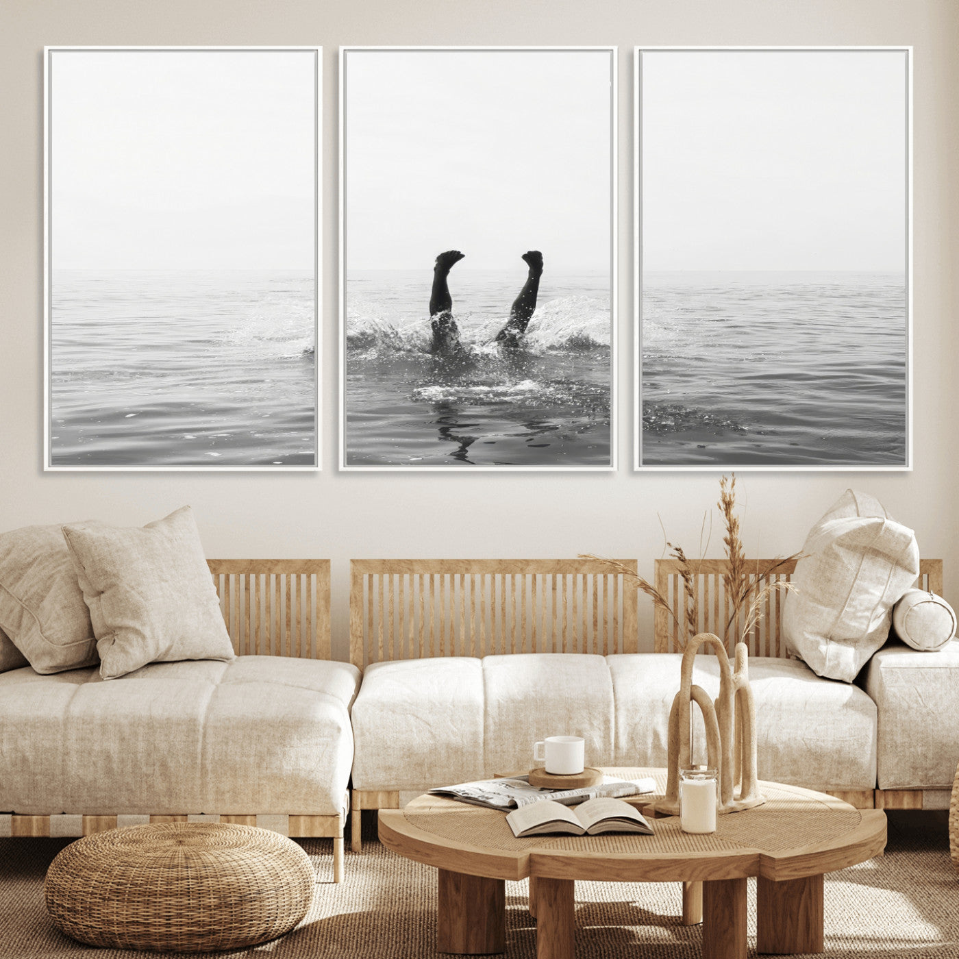 26667396-MGV-FC-60X30-3P_White-Black White Ocean Wall Art Canvas Print, Framed Monochrome Water Art Picture Print, Diving into Water Perfect Minimalist Aquatic