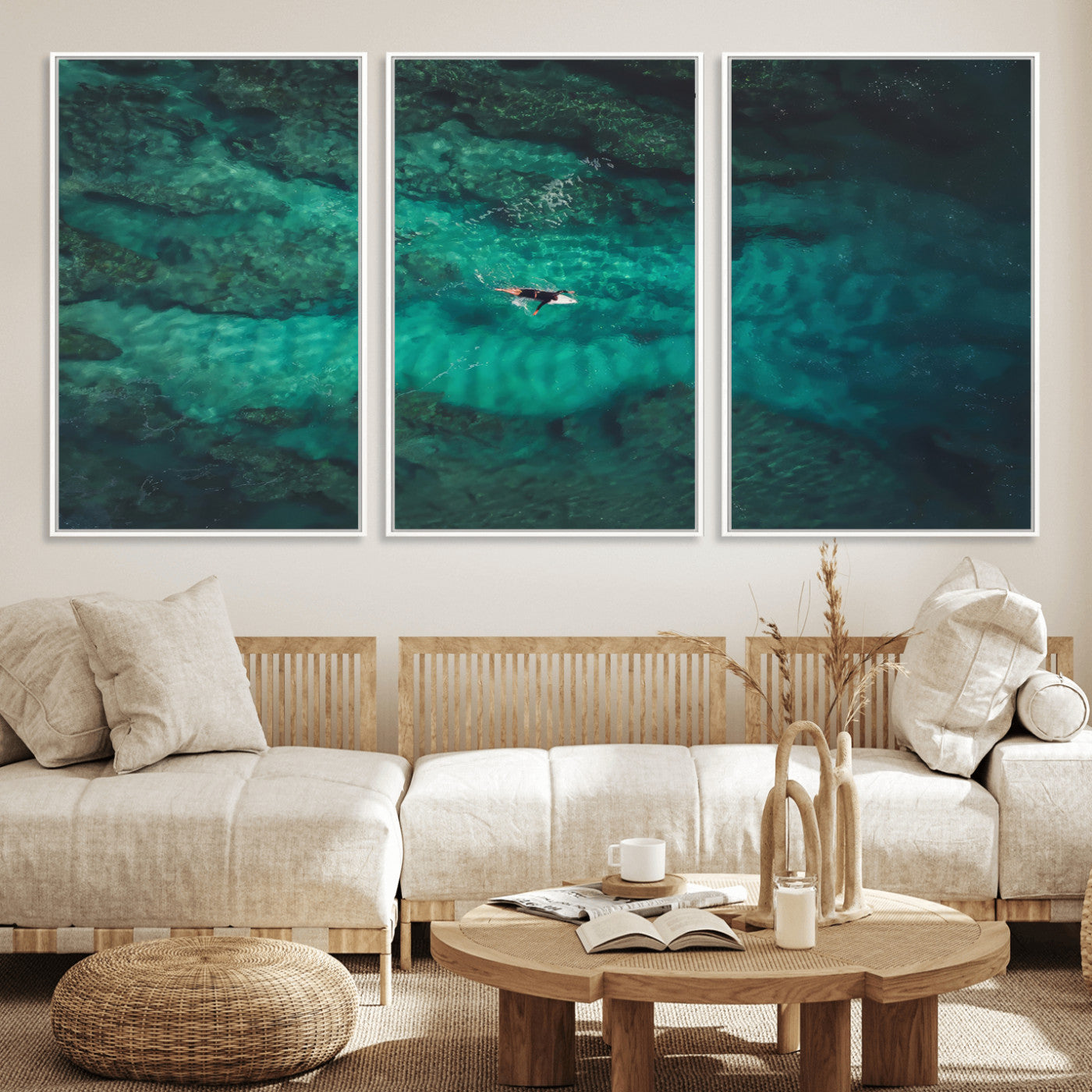 93287752-MGV-FC-60X30-3P_White-Ocean Surf Wall Art Canvas Print, Framed Blue Waters Art Picture Print, Vibrant Seascape Perfect Coastal Adventure Decor Artwork