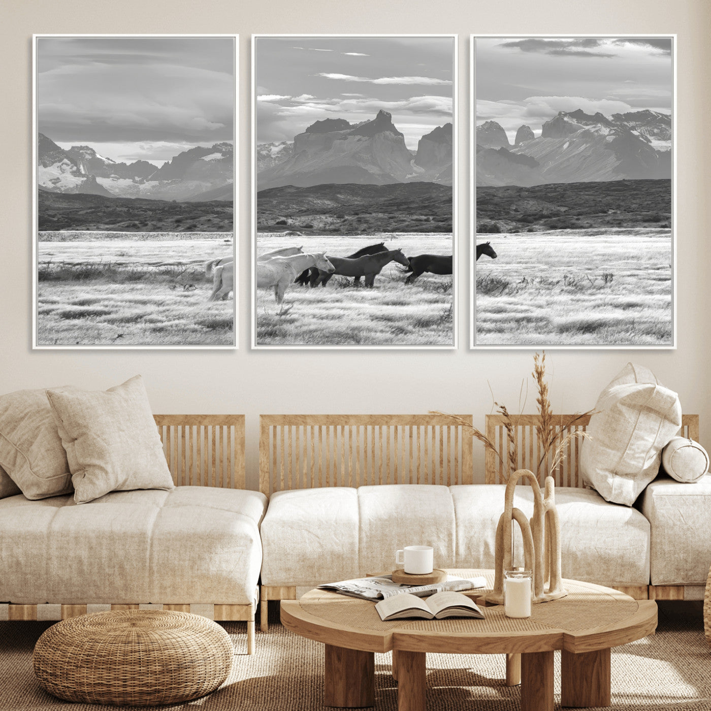 21655040-MGV-FC-60X30-3P_White-Wild Horses Wall Art Canvas Print, Framed Black White Mountains Art Picture Print, Rustic Countryside Perfect Rustic Western Decor