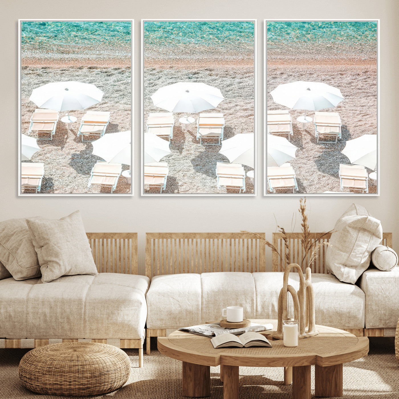 83736167-MGV-CV-36X24-Calm Beach Wall Art Canvas Print, Framed Turquoise Water Art Picture Print, Umbrella Shoreline Perfect Coastal Minimalist Decor