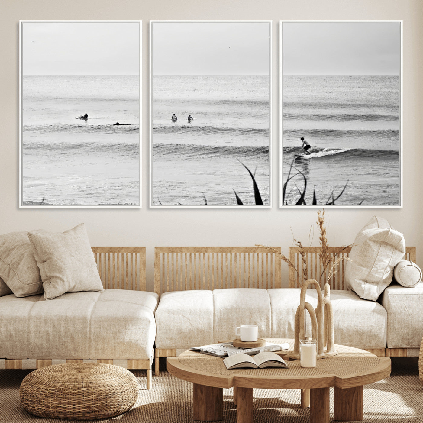 33821421-MGV-CV-36X24-Surfer Silhouette Wall Art Canvas Print, Framed Calm Ocean Art Picture Print, Monochrome Surf Perfect Minimalist Coastal Decor