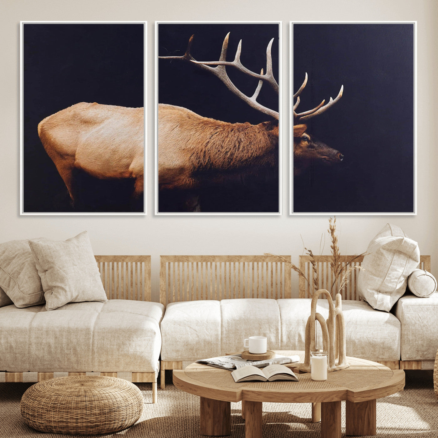 91871131-MGV-FC-60X30-3P_White-Rustic Elk Art Wall Art Canvas Print, Framed Moody Wildlife Decor Art Picture Print, Western Animal Print Perfect Western Lodge