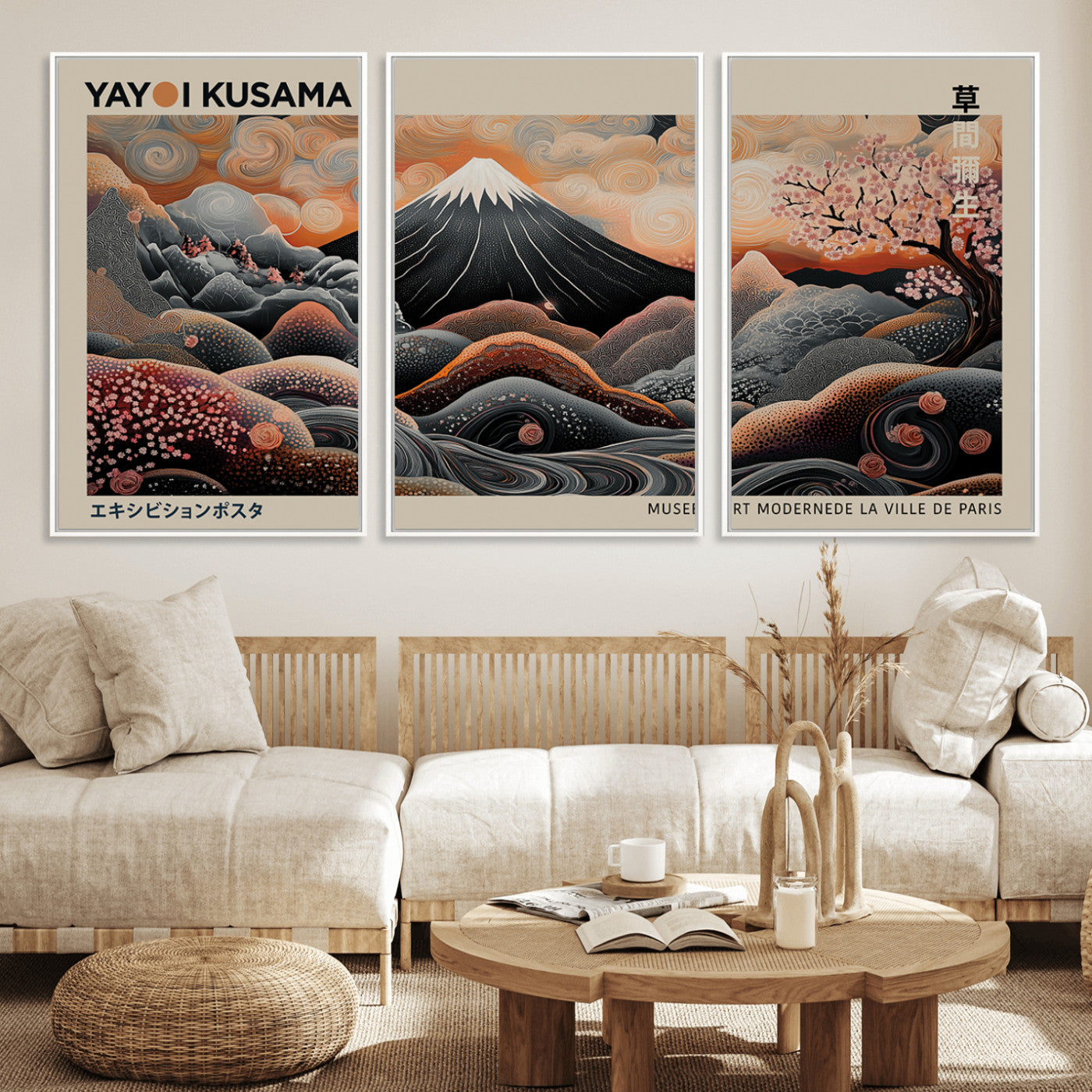 55739266-MGV-FC-60X30-3P_White-Japanese Wall Art Print – Abstract Yayoi Kusama Inspired Dotted Landscape Poster, Surreal Oriental Mountain and Cherry Blossom
