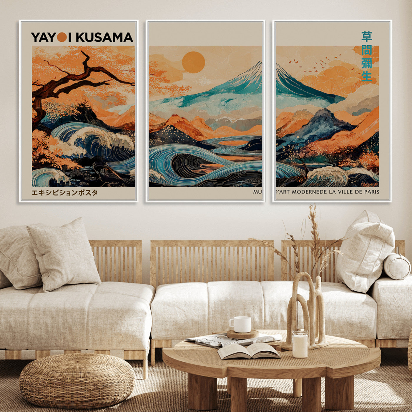 22373530-MGV-FC-60X30-3P_White-Japanese Mt Fuji Wave Art Print – Ukiyo e Inspired Sun & Cherry Blossom Poster, Traditional Asian Landscape Painting, Modern