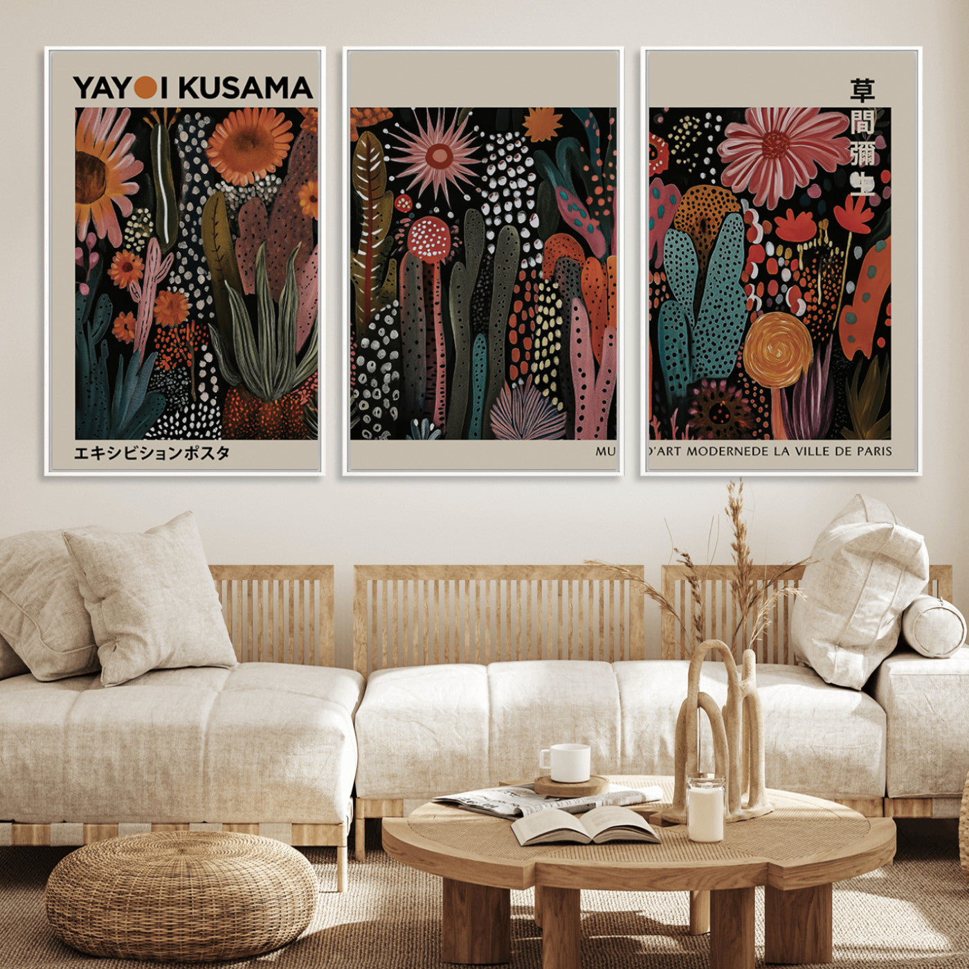 28344895-MGV-CV-36X24-Dark Floral Abstract Wall Art Poster – Modern Botanical Canvas Print with Beige Border, Kusama Inspired Boho Flower Painting,