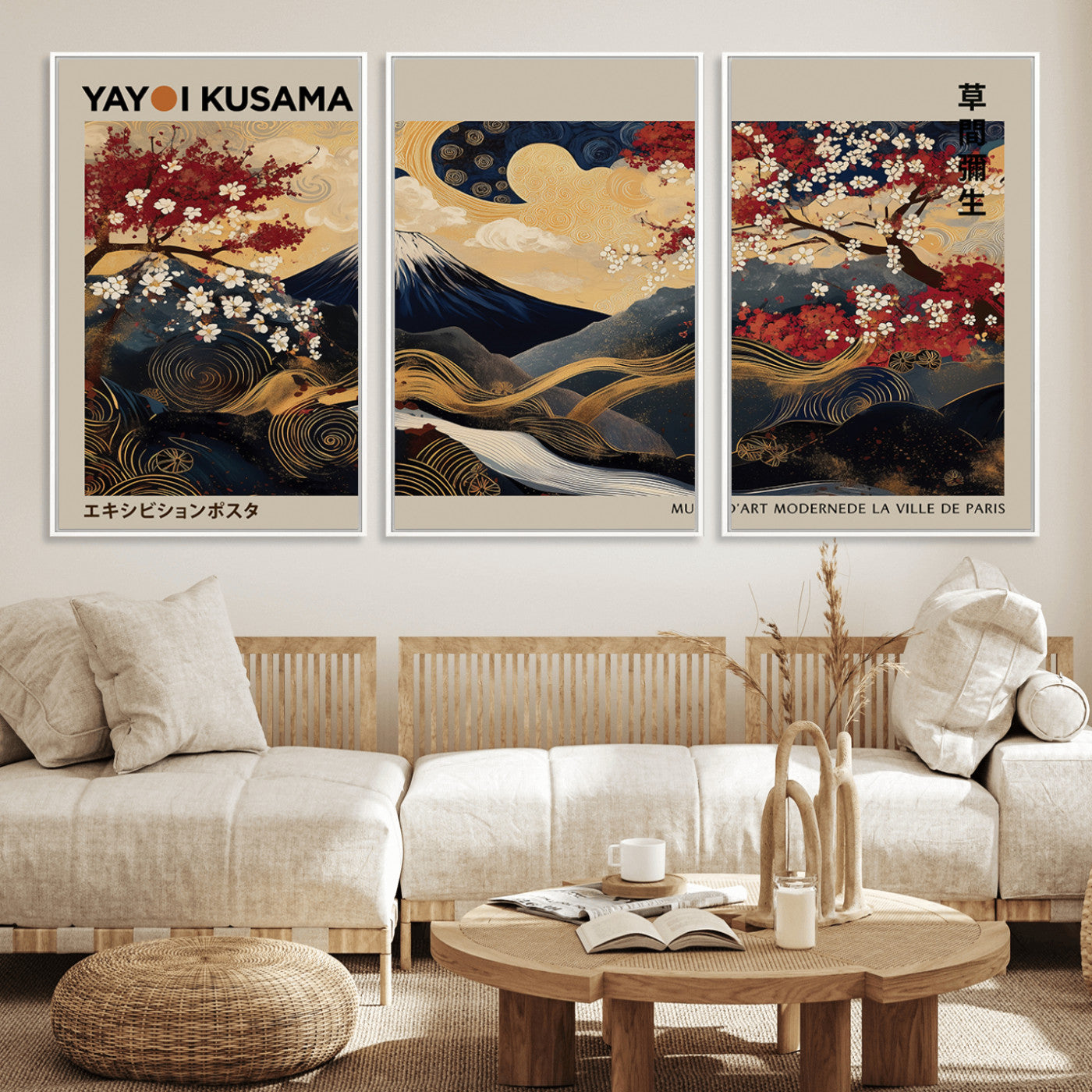 54967195-MGV-FC-60X30-3P_White-Mount Fuji Wall Art – Japanese Cherry Blossom Abstract Canvas Print, Navy Gold Landscape Painting, Oriental Luxury Home Decor