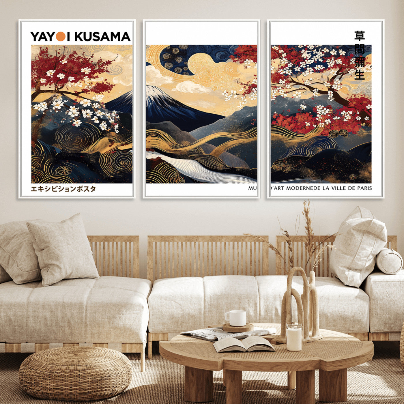 66243961-MGV-FC-60X30-3P_White-Mount Fuji Japanese Wall Art – Golden Abstract Landscape Canvas Print, Cherry Blossom Painting, Modern Oriental Zen Home Decor