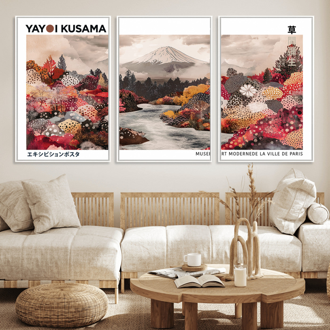 32352074-MGV-FC-60X30-3P_White-Japanese Landscape Wall Art – Mount Fuji River Canvas Print, Modern Asian Inspired Nature Decor for Living Room, Bedroom, Office