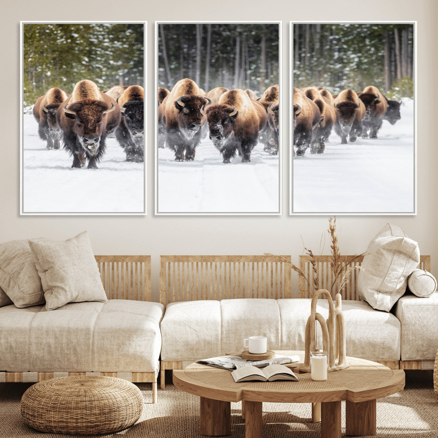 22695857-MGV-CV-36X24-Bison Herd Scene Wall Art Canvas Print, Framed Western Wildlife Art Picture Print, Rustic Animal Art Perfect Rustic Lodge Decor