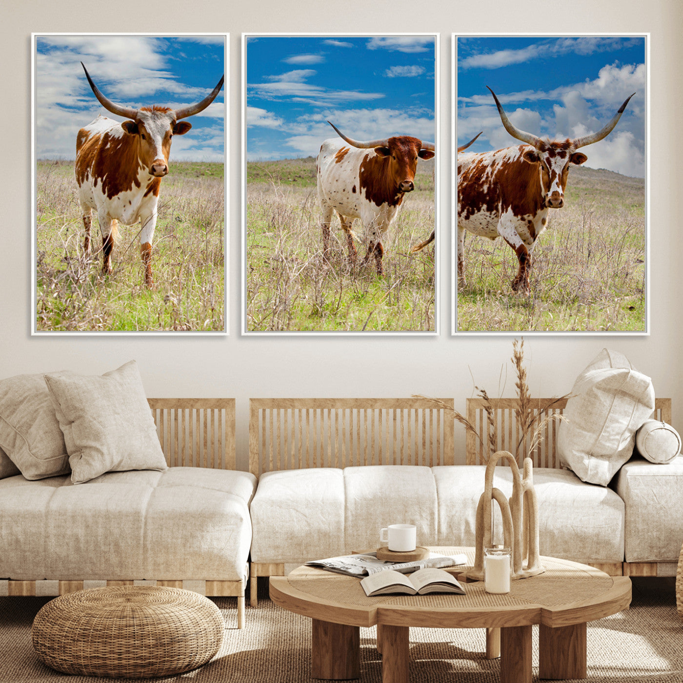 58099948-MGV-FC-60X30-3P_White-Texas Longhorn Wall Art Canvas Print, Framed Western Decor Art Picture Print, Rustic Farmhouse Perfect Western Farmhouse Decor