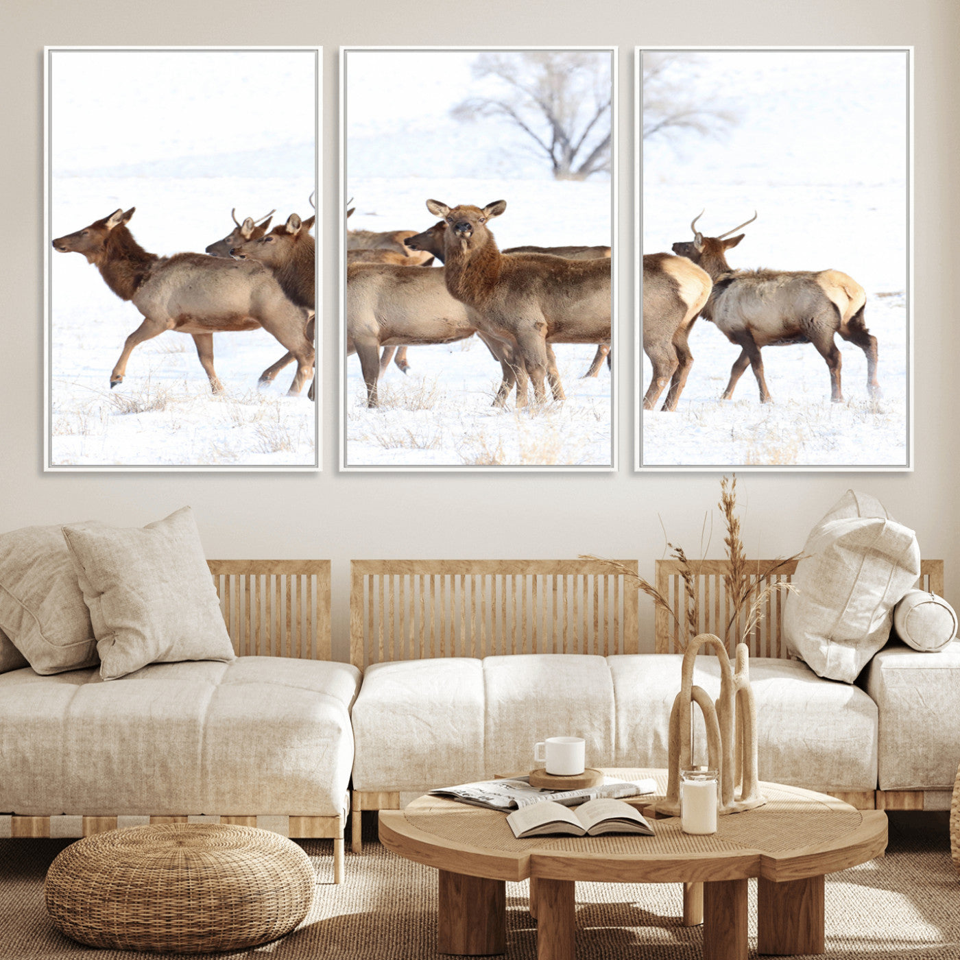 68738684-MGV-FC-60X30-3P_White-Winter Elk Scene Wall Art Canvas Print, Framed Wildlife Photography Art Picture Print, Snowy Deer Decor Perfect Rustic Lodge Decor