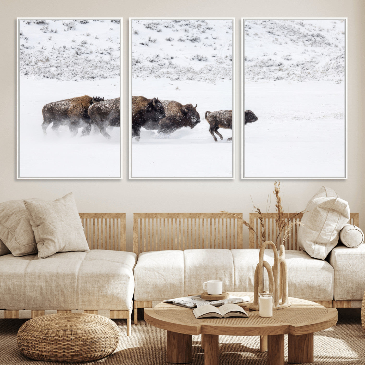 56216945-MGV-CV-36X24-Bison Herd Decor Wall Art Canvas Print, Framed Snowy Bison Scene Art Picture Print, Winter Wildlife Theme Perfect Rustic Western